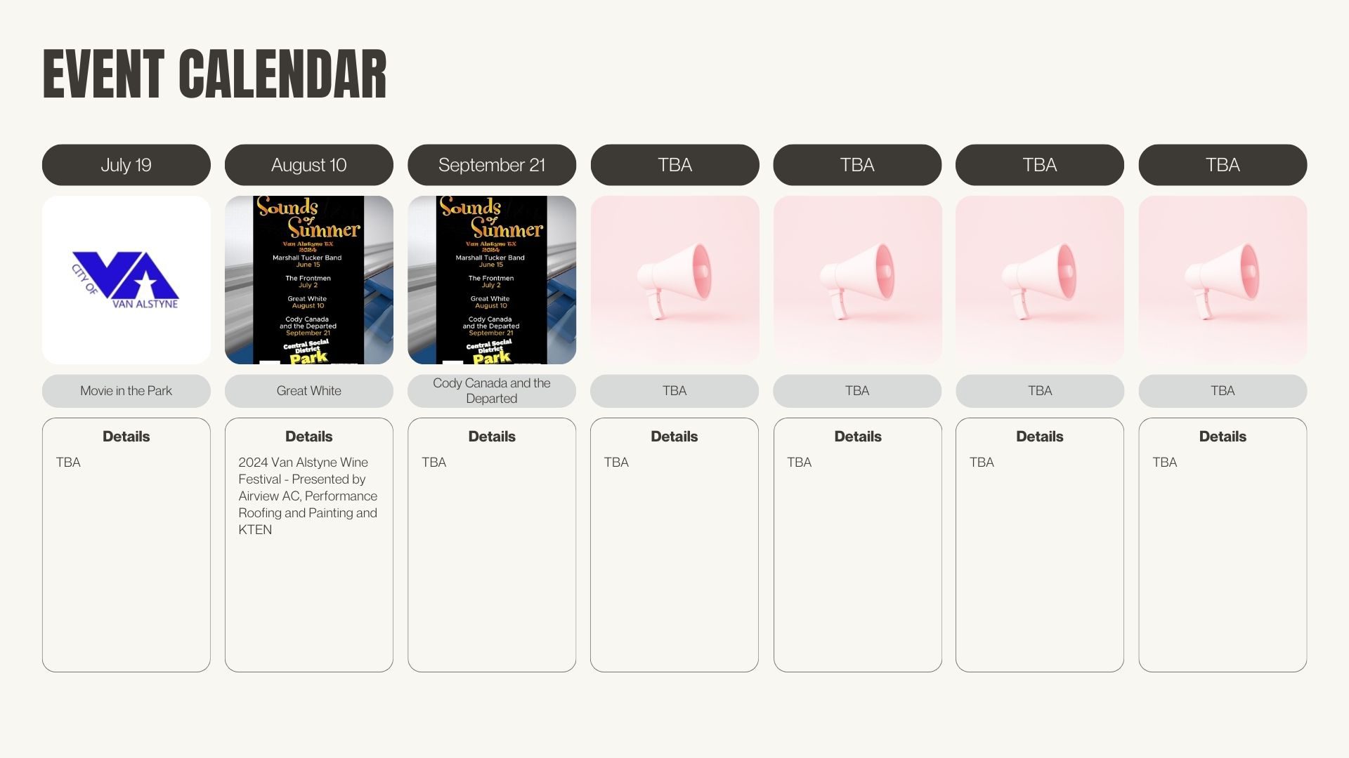 Event calendar with dates and details.