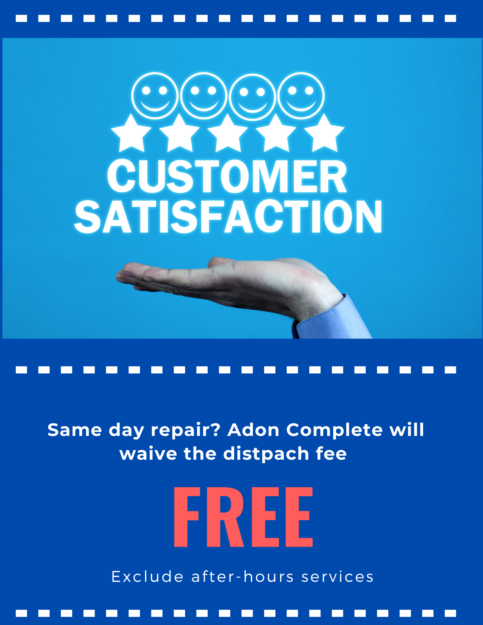 Customer satisfaction HVAC service, same day repair, McKinney, Anna, Texas, free dispatch fee promotion.