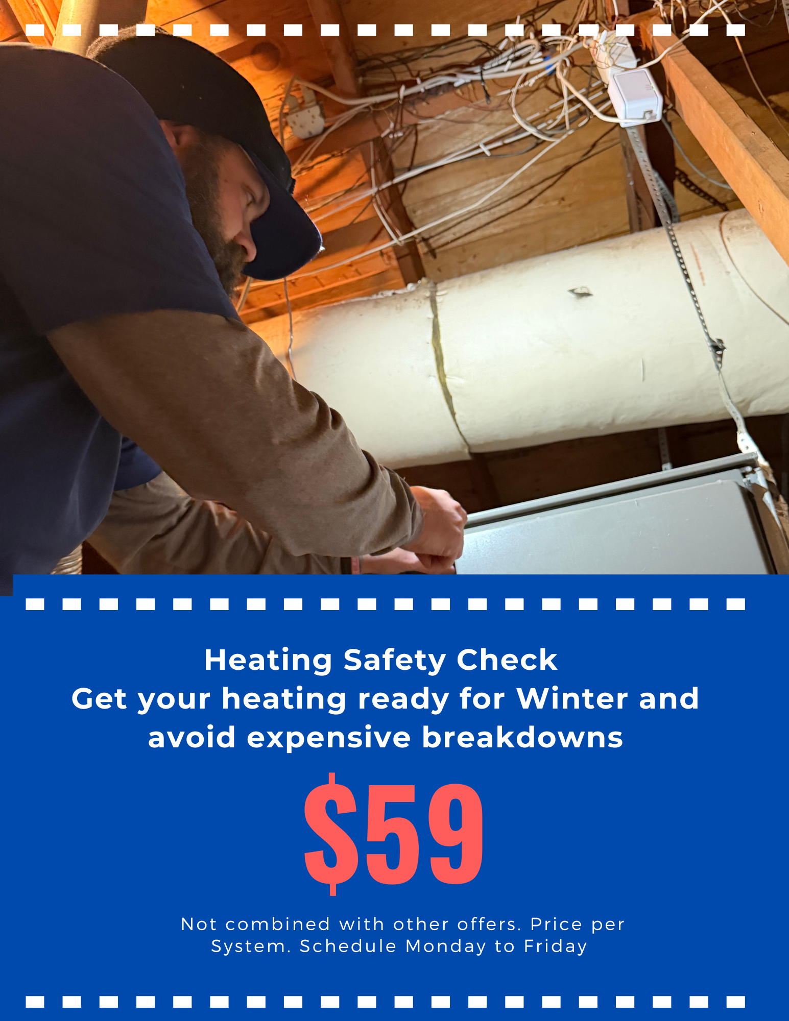 HVAC technician performing furnace safety inspection in attic in McKinney and Anna Texas heating tune-up service
