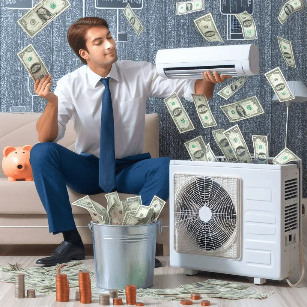 Man holding air conditioner with money falling.