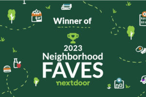 A green background with the words " winner of 2 0 2 3 neighborhood faves nextdoor."