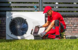 A man in red shirt fixing a white appliance.