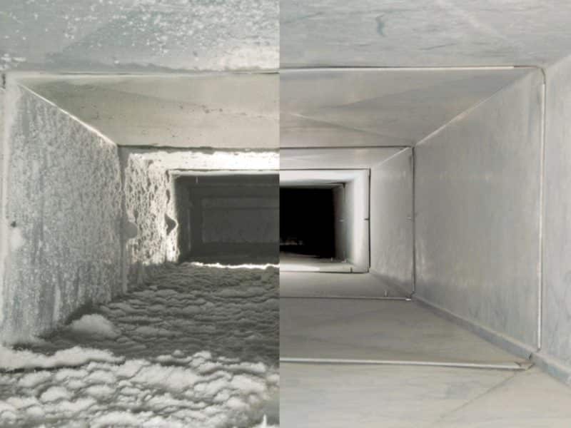 A before and after picture of an air duct cleaning.